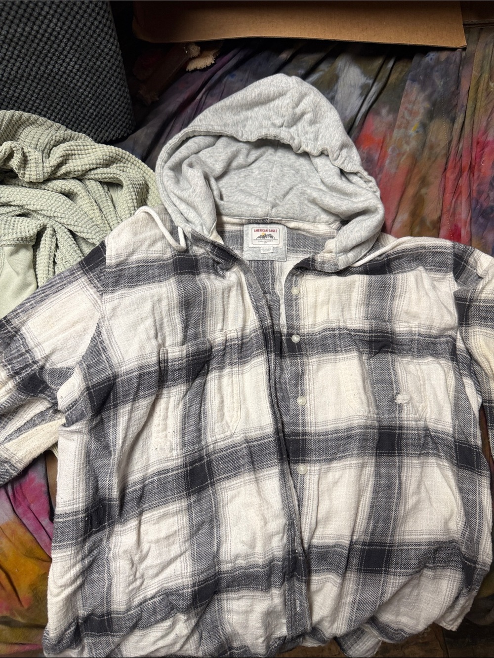 American Eagle Outfitters Hooded Plaid Shirt Jacket - Black & White
